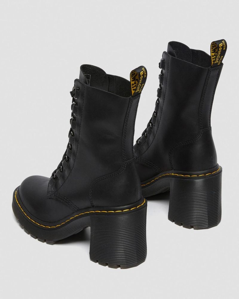 Dr Doc Martens Chesney Cuero Flared Heel Encaje Up Boots (Sendal) Negros | FX90-M7HO