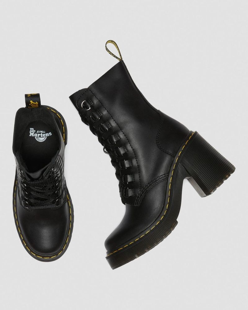 Dr Doc Martens Chesney Cuero Flared Heel Encaje Up Boots (Sendal) Negros | FX90-M7HO