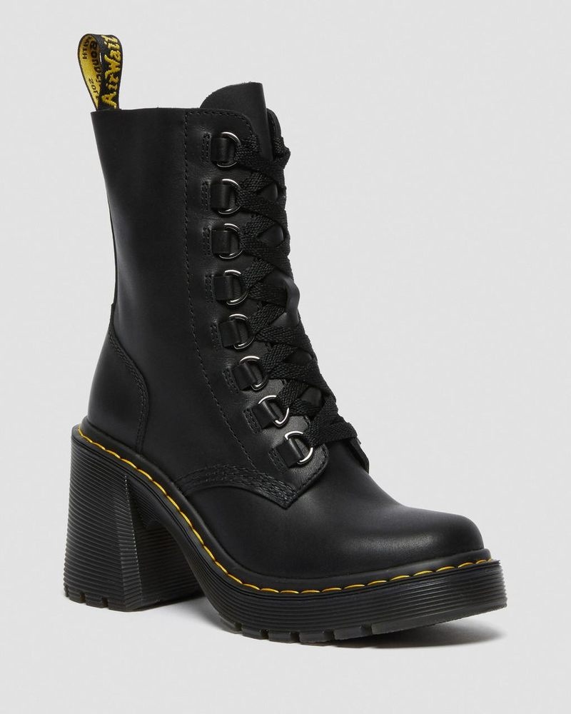 Dr Doc Martens Chesney Cuero Flared Heel Encaje Up Boots (Sendal) Negros | FX90-M7HO