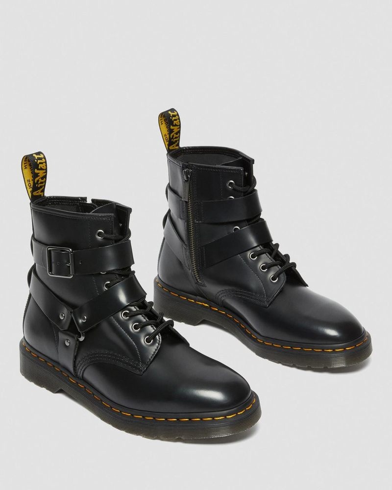 Dr Doc Martens Cristofor Cuero Harness Encaje Up Boots (Polished Smooth) Negros | AK60-A7LM