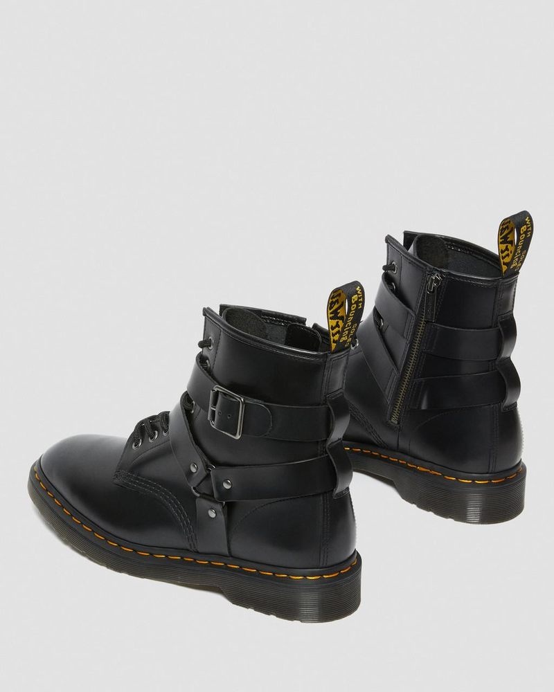 Dr Doc Martens Cristofor Cuero Harness Encaje Up Boots (Polished Smooth) Negros | AK60-A7LM