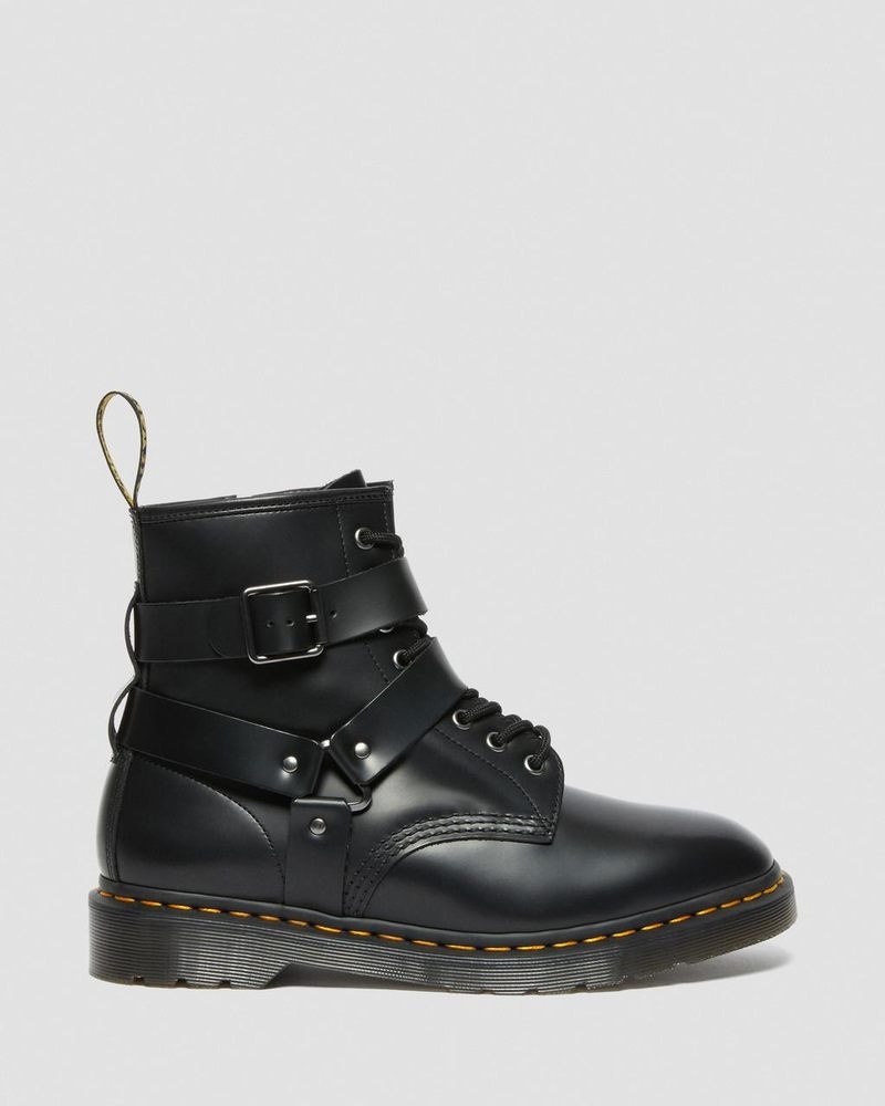 Dr Doc Martens Cristofor Cuero Harness Encaje Up Boots (Polished Smooth) Negros | AK60-A7LM