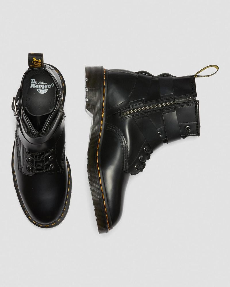 Dr Doc Martens Cristofor Cuero Harness Encaje Up Boots (Polished Smooth) Negros | AK60-A7LM