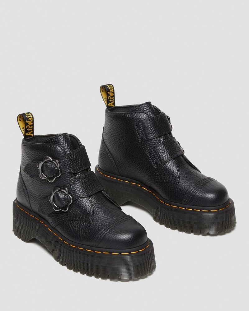 Nuevos Lanzamientos Botas de Plataforma Dr Doc Martens Devon Flower Hebilla Cuero Plataforma Boots Milled Nappa Mujer Negros