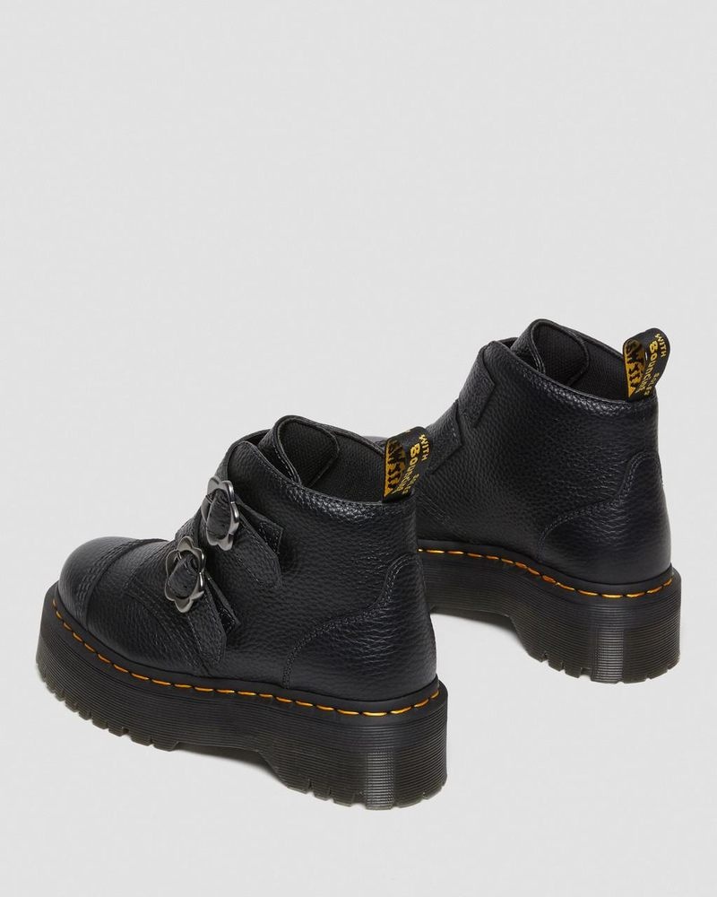 Dr Doc Martens Devon Flower Hebilla Cuero Plataforma Boots (Milled Nappa) Negros | GF88-B5HI