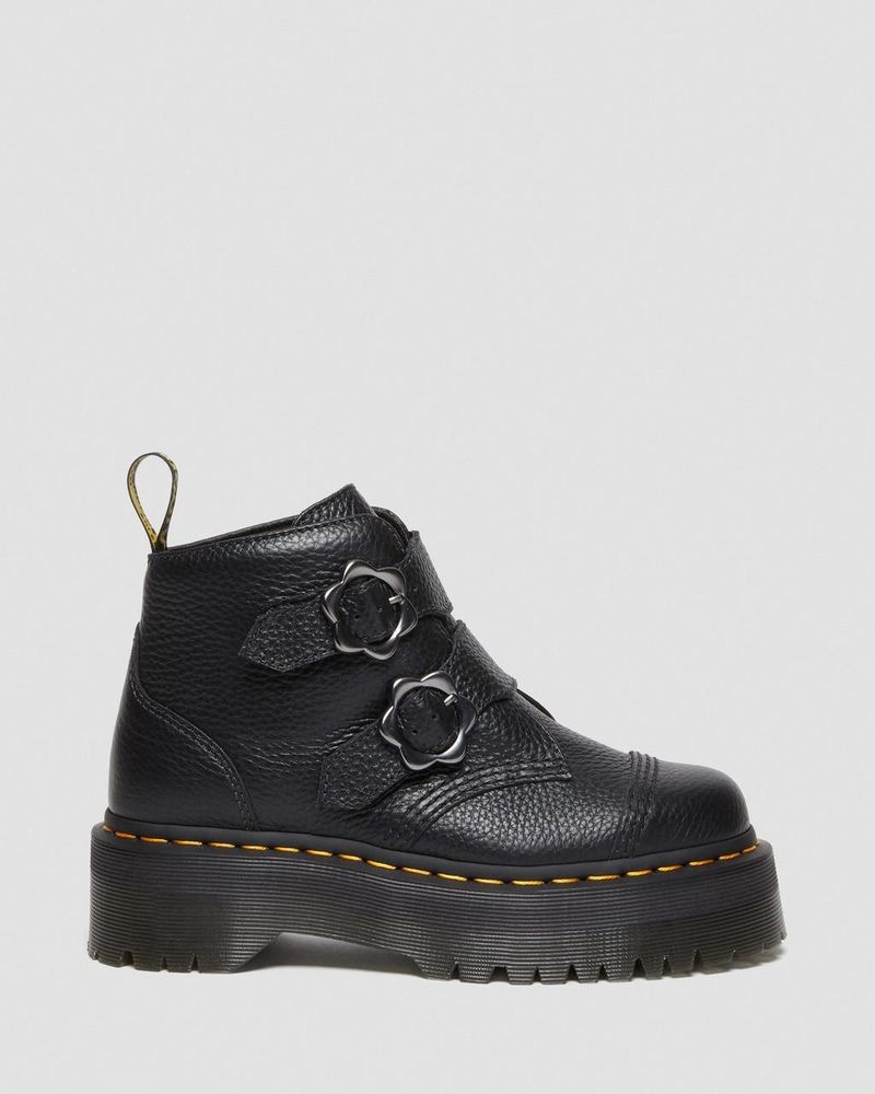 Dr Doc Martens Devon Flower Hebilla Cuero Plataforma Boots (Milled Nappa) Negros | GF88-B5HI