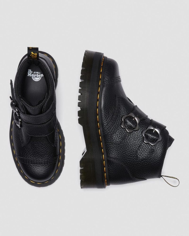 Dr Doc Martens Devon Flower Hebilla Cuero Plataforma Boots (Milled Nappa) Negros | GF88-B5HI