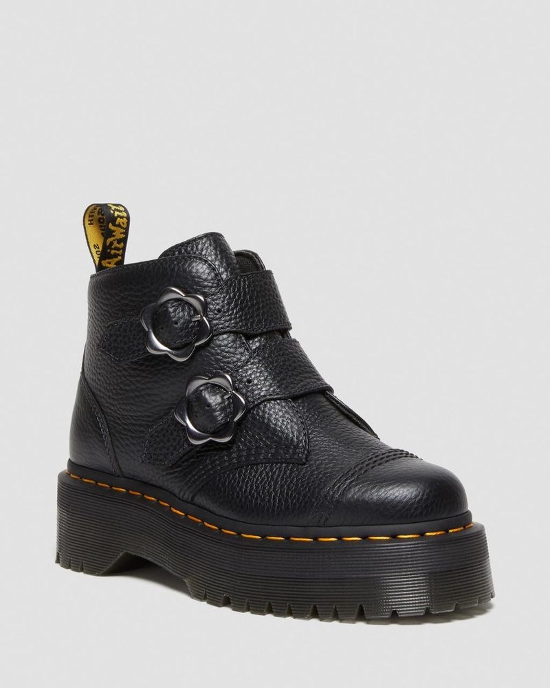 Nuevos Lanzamientos Botas de Plataforma Dr Doc Martens Devon Flower Hebilla Cuero Plataforma Boots Milled Nappa Mujer Negros