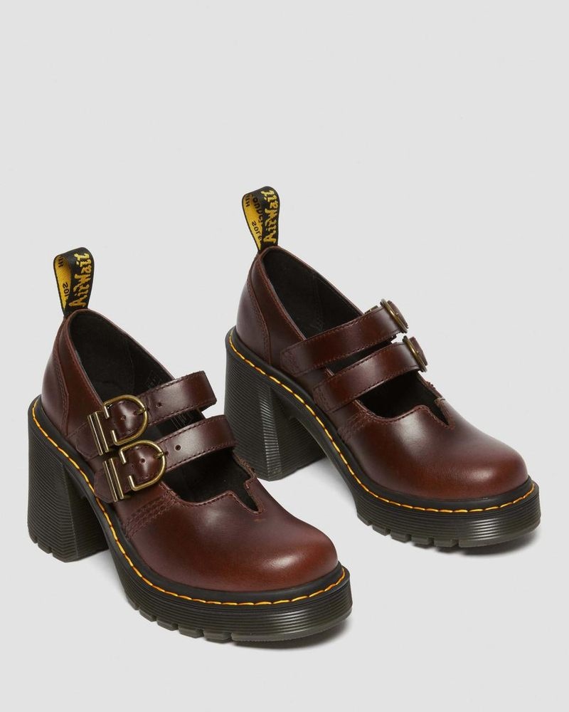 Dr Doc Martens Eviee Cuero Mary Jane Tacón Shoes Marrom Oscuro | IF97-X0XO