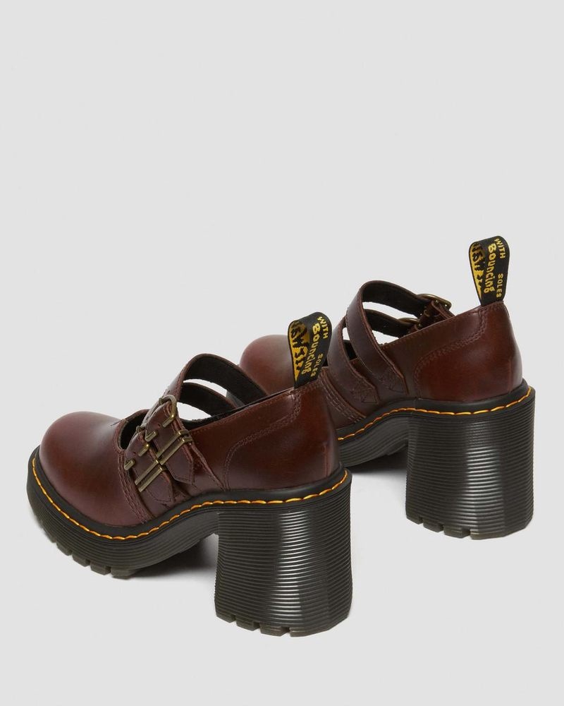 Dr Doc Martens Eviee Cuero Mary Jane Tacón Shoes Marrom Oscuro | IF97-X0XO