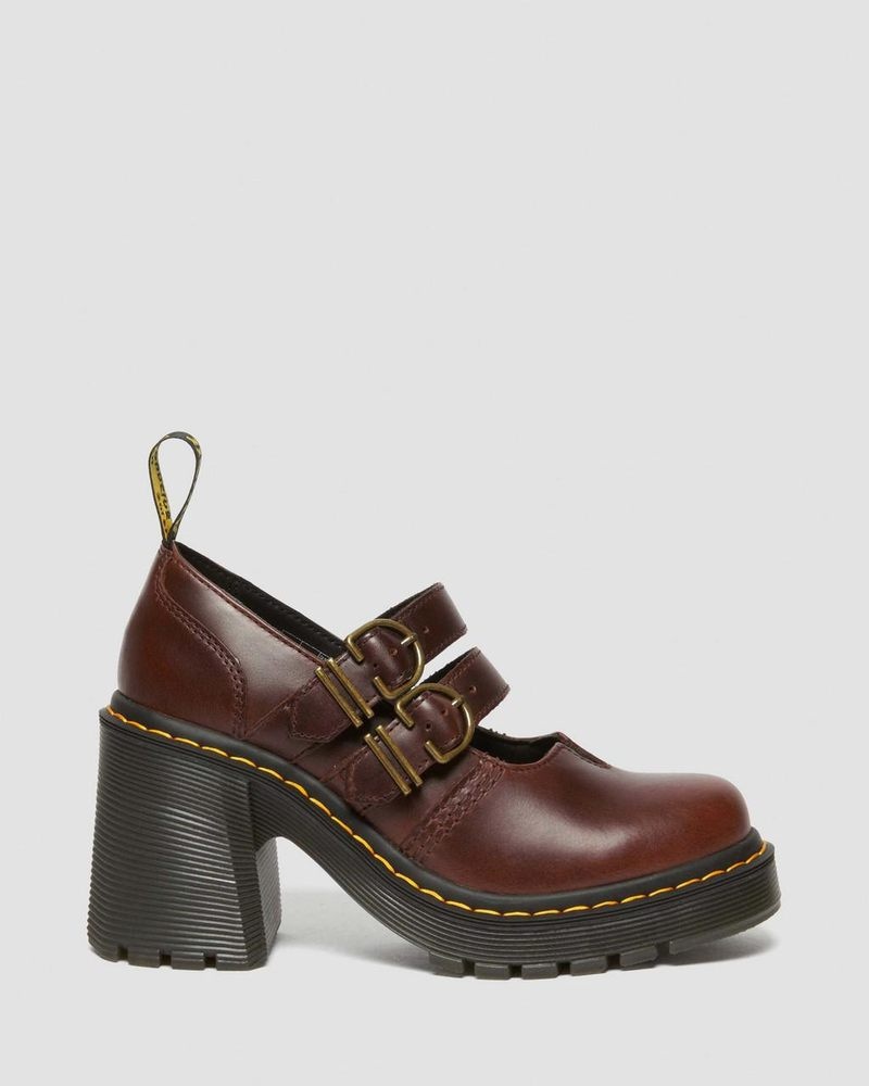 Dr Doc Martens Eviee Cuero Mary Jane Tacón Shoes Marrom Oscuro | IF97-X0XO