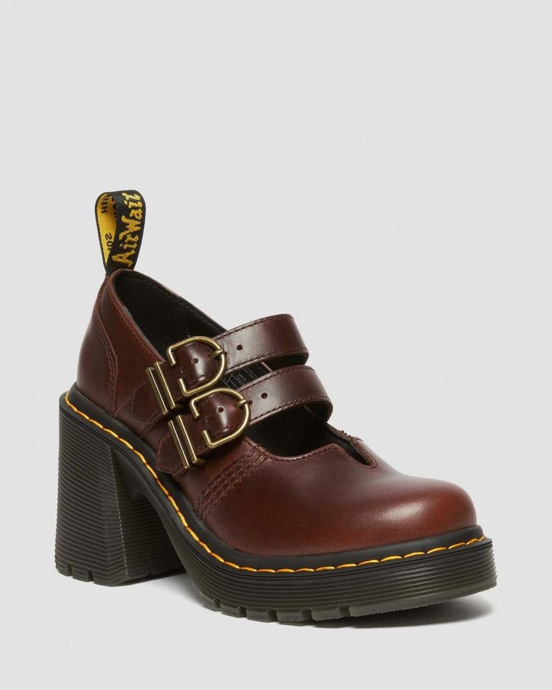 Dr Doc Martens Eviee Cuero Mary Jane Tacón Shoes Marrom Oscuro | IF97-X0XO