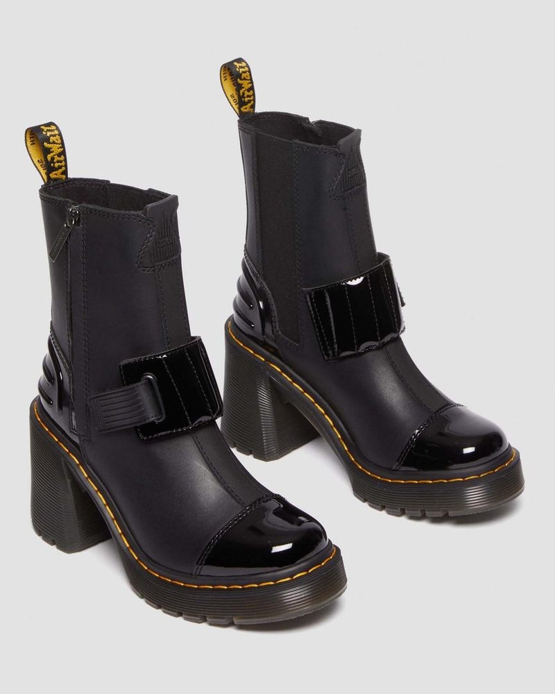 Dr Doc Martens Gaya Alternative Cuero Tacón Chelsea Boots (Sendal + Soft Charol Pu) Negros | IR72-O9KD