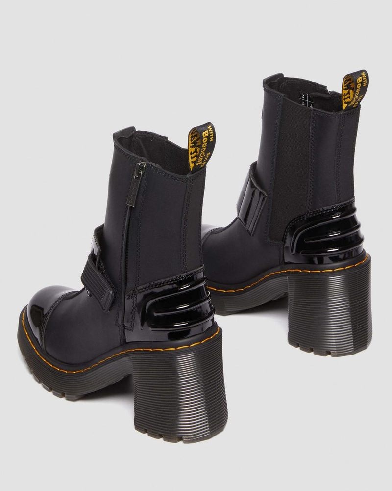 Dr Doc Martens Gaya Alternative Cuero Tacón Chelsea Boots (Sendal + Soft Charol Pu) Negros | IR72-O9KD