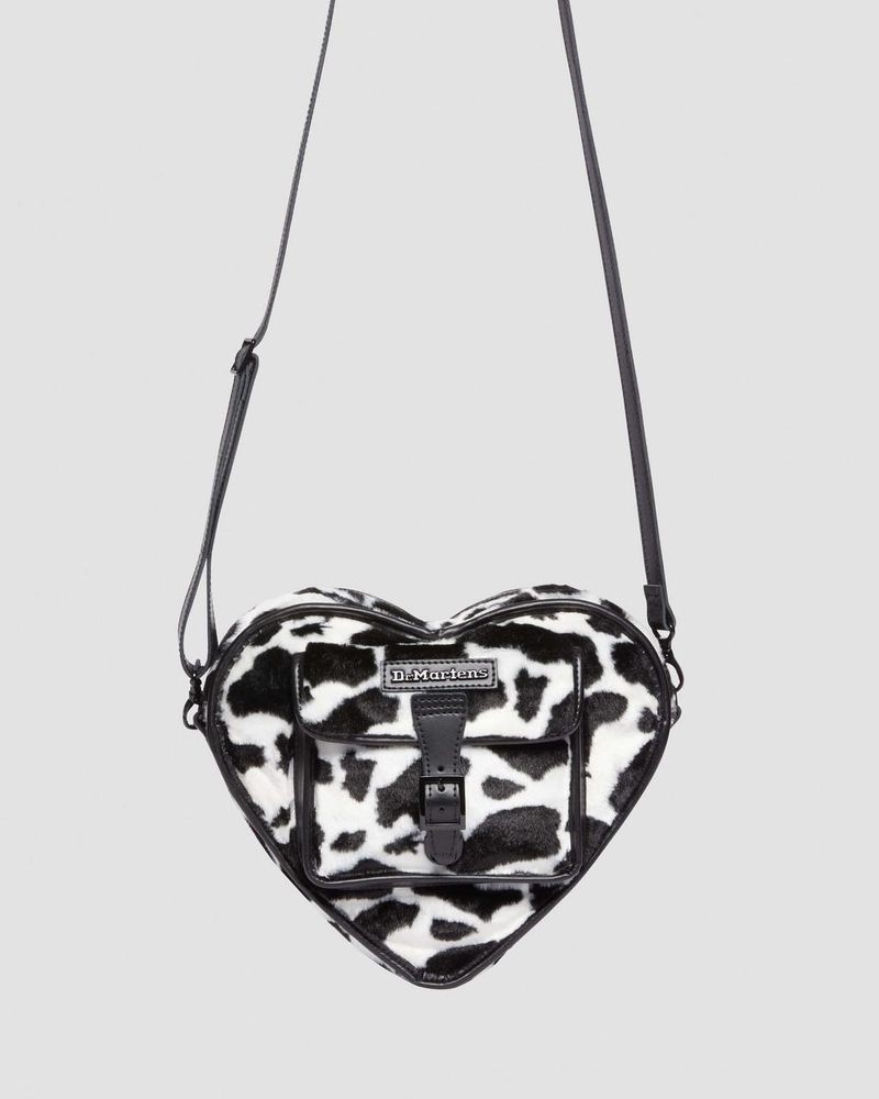 Dr Doc Martens Heart Shaped Faux Fur Cow Print Backpack (Cow Print + Kiev) Black+White | BR36-W6JA