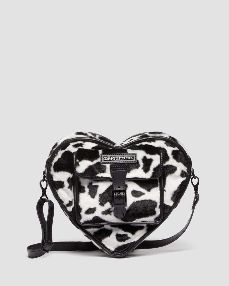 Dr Doc Martens Heart Shaped Faux Fur Cow Print Backpack (Cow Print + Kiev) Black+White | BR36-W6JA