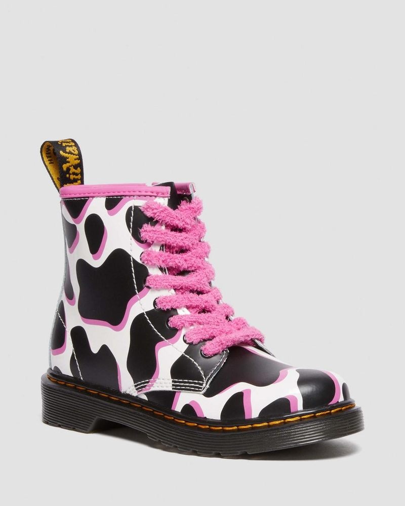 Dr Doc Martens Junior 1460 Cow Print Charol Cuero Encaje Up Boots (Cow Print Charol Lamper) Blancos | ML46-R8NK