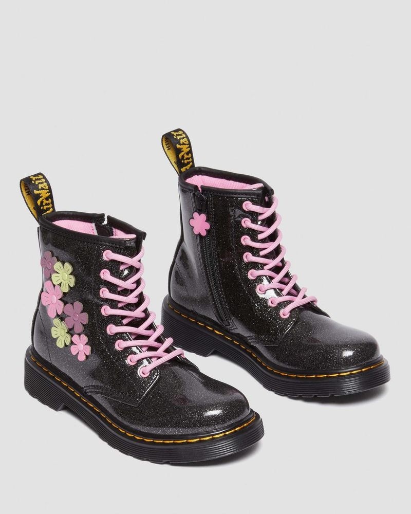 Dr Doc Martens Junior 1460 Glitter & Flower Applique Encaje Up Boots (Coated Glitter Pu+Athena) Negros | QG78-F2EE