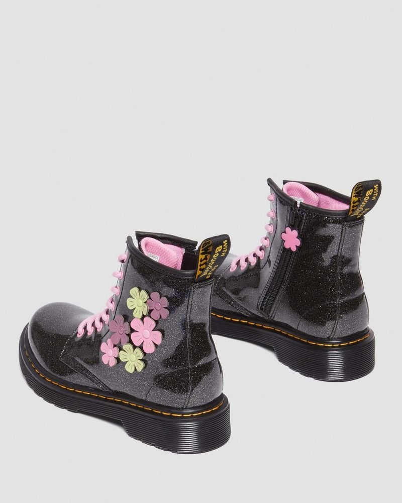 Dr Doc Martens Junior 1460 Glitter & Flower Applique Encaje Up Boots (Coated Glitter Pu+Athena) Negros | QG78-F2EE