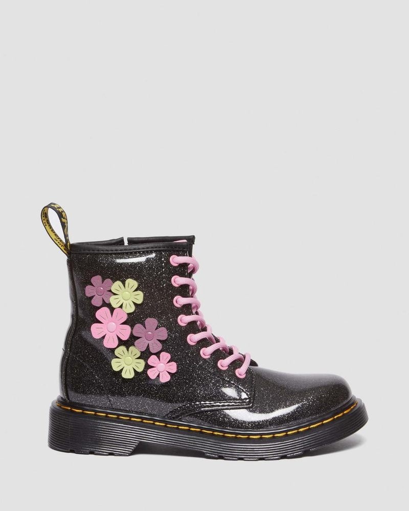 Dr Doc Martens Junior 1460 Glitter & Flower Applique Encaje Up Boots (Coated Glitter Pu+Athena) Negros | QG78-F2EE