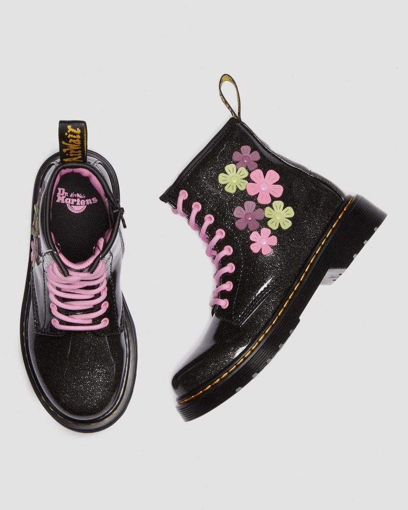 Dr Doc Martens Junior 1460 Glitter & Flower Applique Encaje Up Boots (Coated Glitter Pu+Athena) Negros | QG78-F2EE