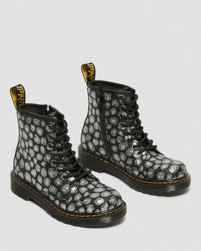 Dr Doc Martens Junior 1460 Leopard Hydro Cuero Encaje Up Boots (Loud Leopard K Hydro) Negros | FV35-W8LD