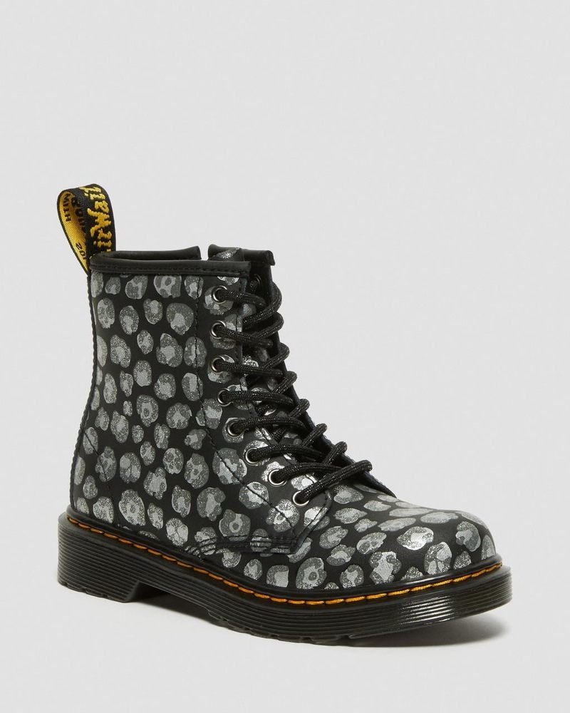 Dr Doc Martens Junior 1460 Leopard Hydro Cuero Encaje Up Boots (Loud Leopard K Hydro) Negros | FV35-W8LD