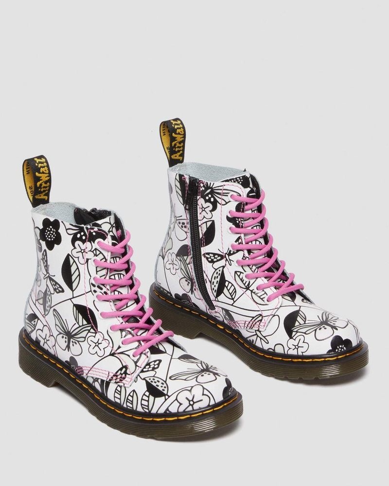 Dr Doc Martens Junior 1460 Meadow Print Cuero Encaje Up Boots Blancos | PM79-Q8JR