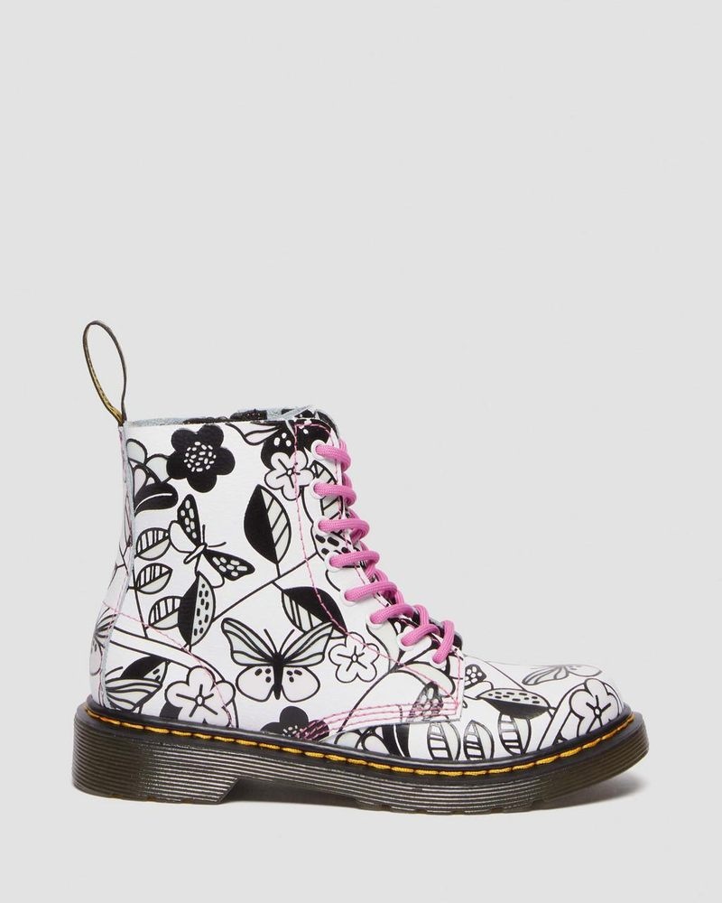 Dr Doc Martens Junior 1460 Meadow Print Cuero Encaje Up Boots Blancos | PM79-Q8JR