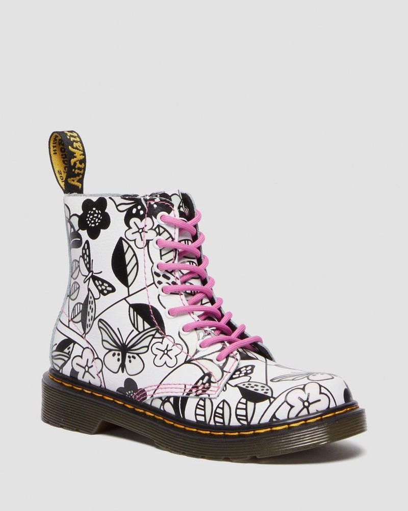 Dr Doc Martens Junior 1460 Meadow Print Cuero Encaje Up Boots Blancos | PM79-Q8JR