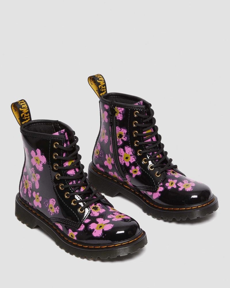 Dr Doc Martens Junior 1460 Pansy Charol Cuero Encaje Up Boots (T Lamper) Negros | SK96-C5GG