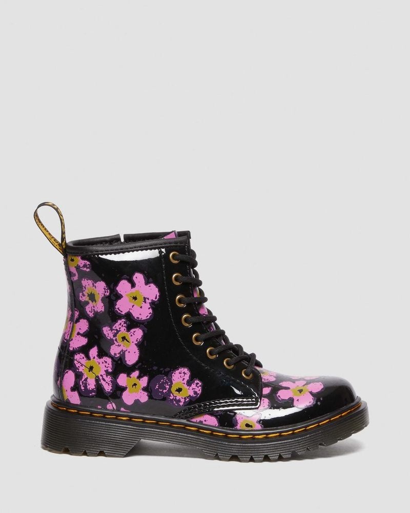 Dr Doc Martens Junior 1460 Pansy Charol Cuero Encaje Up Boots (T Lamper) Negros | SK96-C5GG