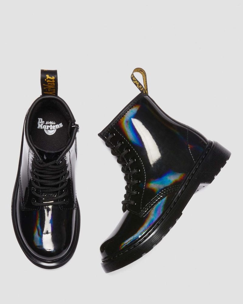 Dr Doc Martens Junior 1460 Rainbow Charol Cuero Encaje Up Boots (Rainbow Charol) Negros | JQ23-U0DJ