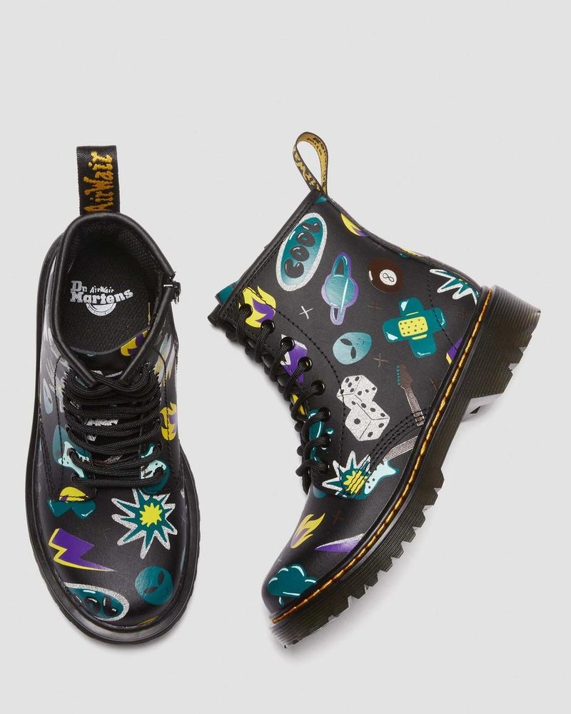 Dr Doc Martens Junior 1460 Sticker Print Cuero Encaje Up Boots (Sticker Print Hydro) Negros | RW86-U0JZ