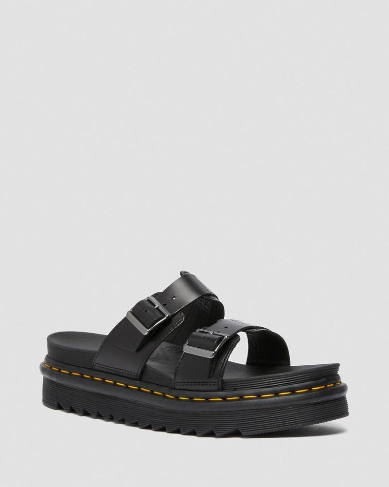 Dr Doc Martens Myles Brando Cuero Hebilla Chanclas Sandals (Brando) Negros | JO89-E8SS