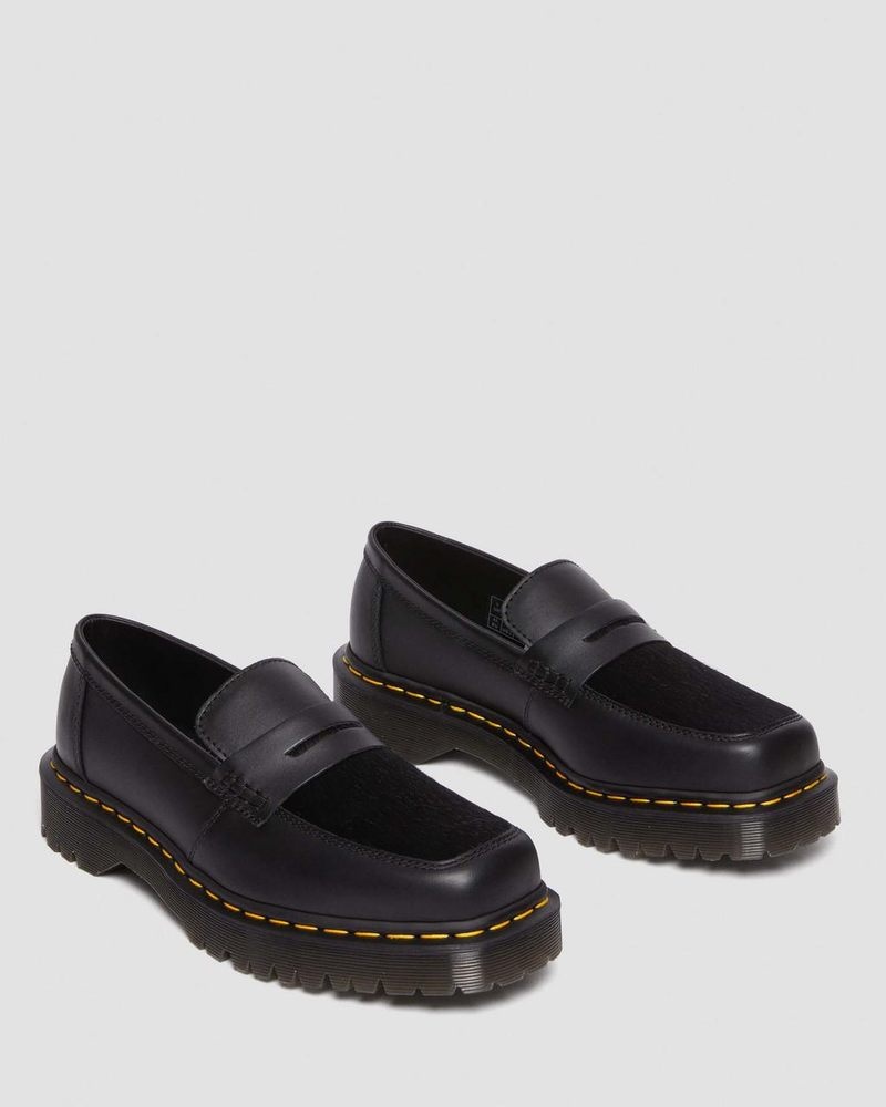 Dr Doc Martens Penton Bex Square Puntera Hair-On & Cuero Loafers (Lucido + Hair On) Negros | KS31-H8TM