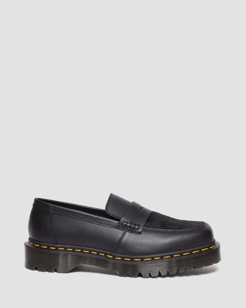 Dr Doc Martens Penton Bex Square Puntera Hair-On & Cuero Loafers (Lucido + Hair On) Negros | KS31-H8TM