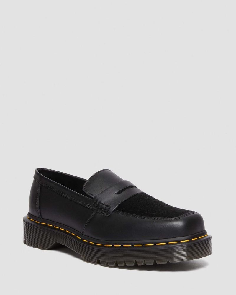 Dr Doc Martens Penton Bex Square Puntera Hair-On & Cuero Loafers (Lucido + Hair On) Negros | KS31-H8TM