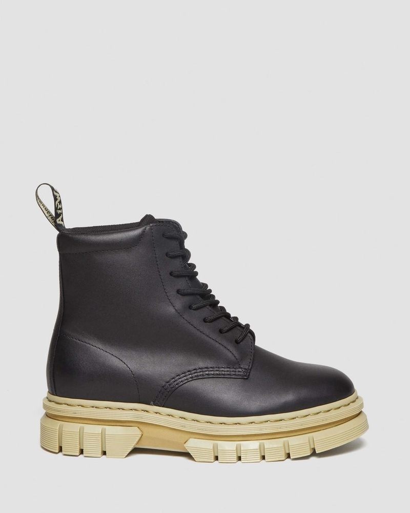 Dr Doc Martens Rikard Contrast Sole Plataforma Encaje Up Boots (Polished Lucido) Negros | NC46-B8EG