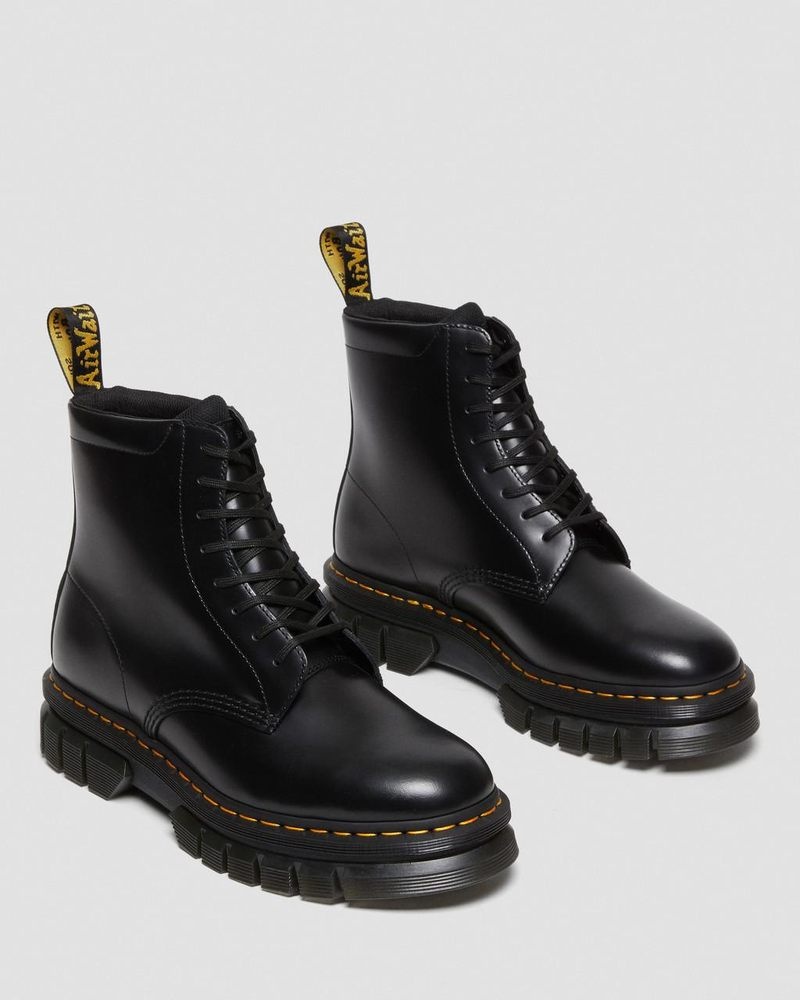 Dr Doc Martens Rikard Smooth Cuero Plataforma Encaje Up Boots (Polished Smooth) Negros | RK30-Y2CH