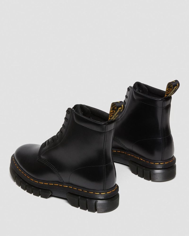 Dr Doc Martens Rikard Smooth Cuero Plataforma Encaje Up Boots (Polished Smooth) Negros | RK30-Y2CH