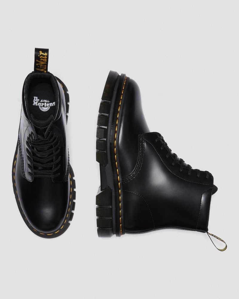 Dr Doc Martens Rikard Smooth Cuero Plataforma Encaje Up Boots (Polished Smooth) Negros | RK30-Y2CH