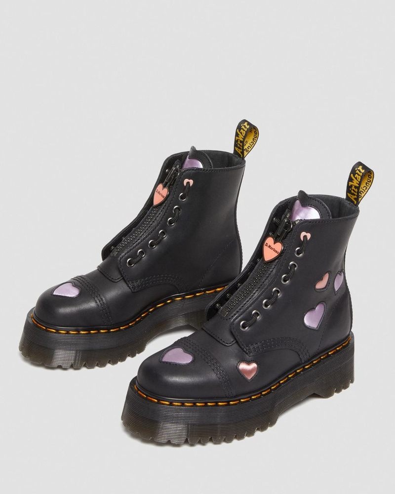 Dr Doc Martens Sinclair Cuero Heart Plataforma Boots (Lapstone+Satin Lux) Negros | IY89-U0FP