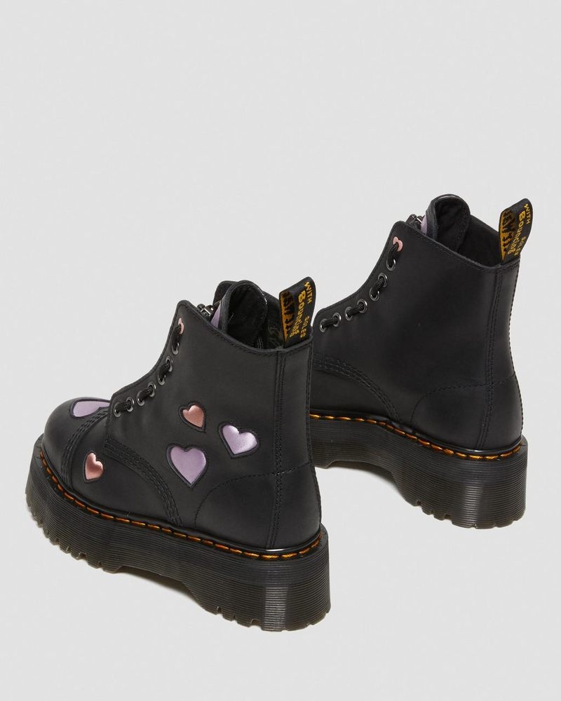 Dr Doc Martens Sinclair Cuero Heart Plataforma Boots (Lapstone+Satin Lux) Negros | IY89-U0FP