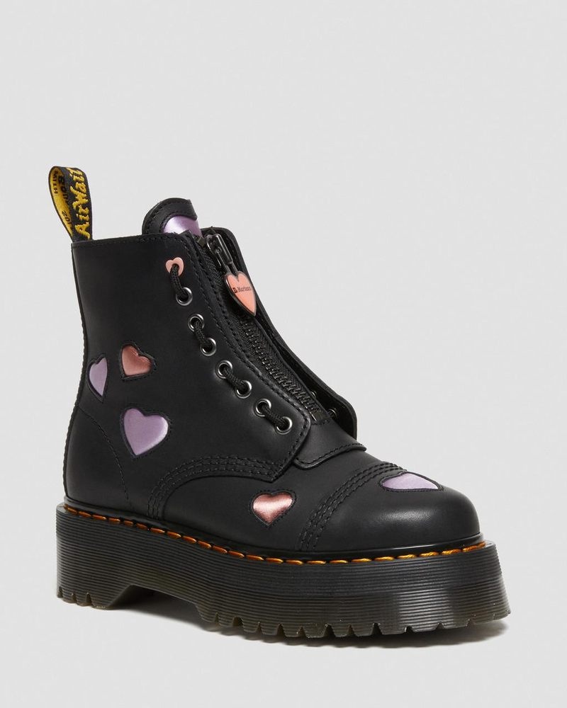 Dr Doc Martens Sinclair Cuero Heart Plataforma Boots (Lapstone+Satin Lux) Negros | IY89-U0FP