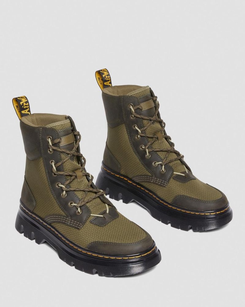 Dr Doc Martens Tarik Cuero & Nylon Utility Boots (Waxed Full Grain+Hydro+ Recycled Nylon Ripstop) Verde Oliva | JV73-J1LM