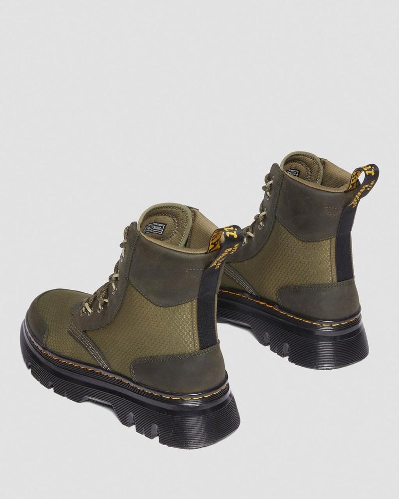 Dr Doc Martens Tarik Cuero & Nylon Utility Boots (Waxed Full Grain+Hydro+ Recycled Nylon Ripstop) Verde Oliva | JV73-J1LM