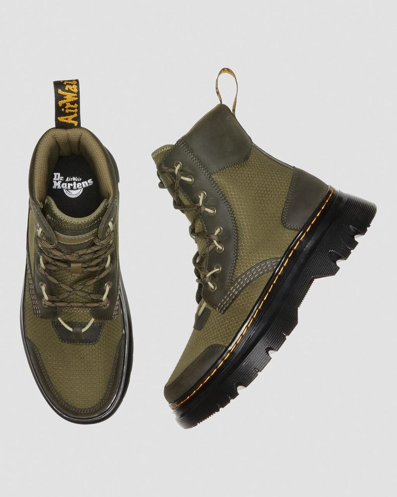 Dr Doc Martens Tarik Cuero & Nylon Utility Boots (Waxed Full Grain+Hydro+ Recycled Nylon Ripstop) Verde Oliva | JV73-J1LM