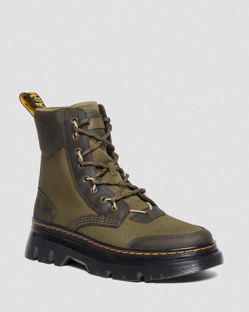 Dr Doc Martens Tarik Cuero & Nylon Utility Boots (Waxed Full Grain+Hydro+ Recycled Nylon Ripstop) Verde Oliva | JV73-J1LM