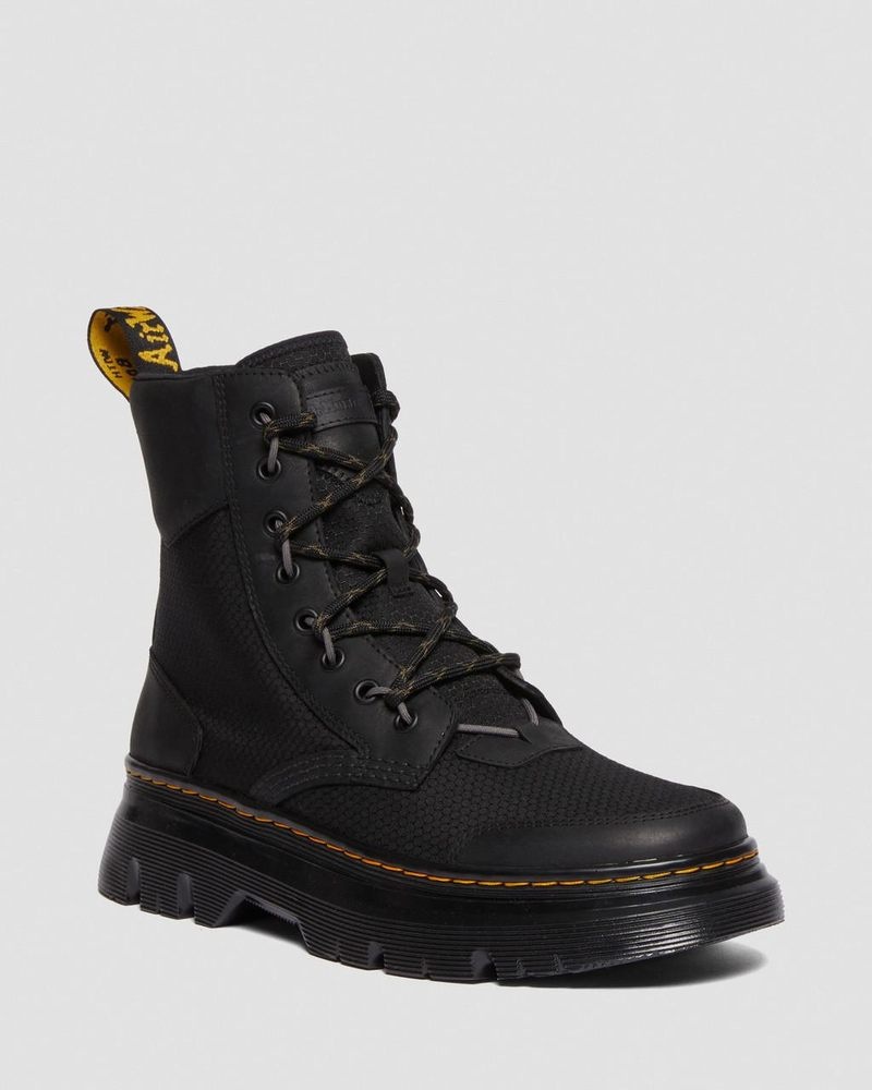 Dr Doc Martens Tarik Cuero & Nylon Utility Boots (Waxed Full Grain+Hydro+ Recycled Nylon Ripstop) Negros | QZ05-W9YB